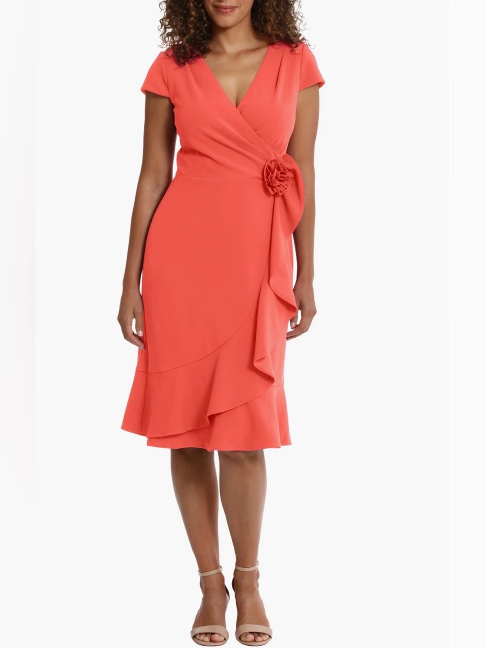 London Times Coral Wrap-Front Midi Dress with Rosette